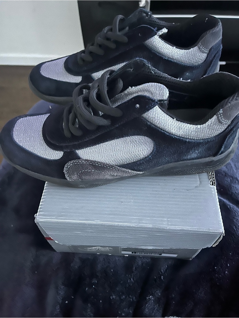 Prada Navy & Light Gray Suede Mesh Sneakers - Picture 2 of 3